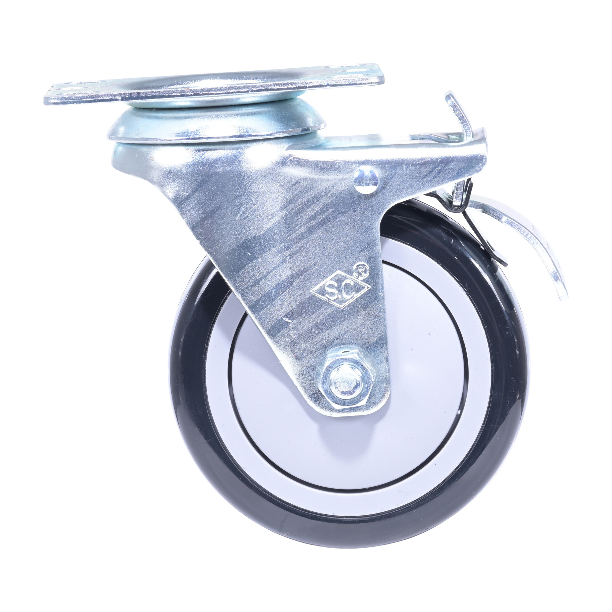 Vestil Polyurethane/Polyolefin Total Lock Swivel Caster — 4in. Diameter, 1-1/4in. Width, 350-Lb. Capacity, Single Ball Bearing, Black/Gray, Model# CST-VE-4X1.25PP-STL